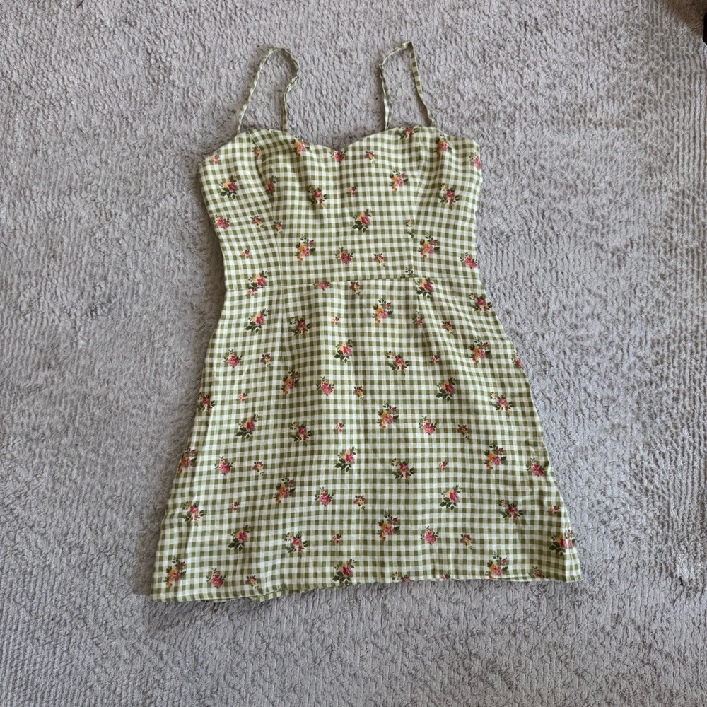 Reformation Green Gingham Floral Dress